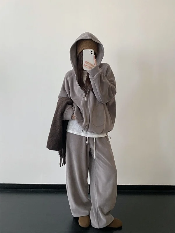 Double-Sided Glutinous Velvet Hoodie Jacket Women's Casual Loose-Fit Pants Korean Style Two-Piece Set Comfortable Breathable