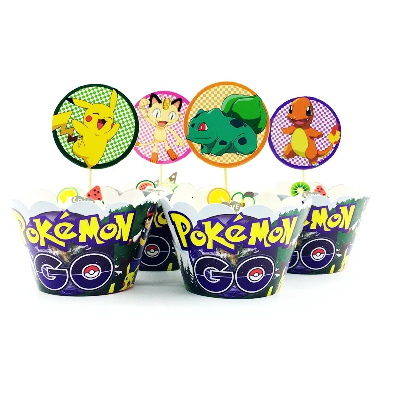 12PCS Pokemon Pikachu Happy Birthday Cake Topper Party Decoration Cake Cups Paper Cupcake Liner Wrappers Cup Baking Muffin Boxes