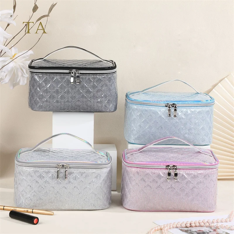 Premium Grid Pattern Silver Wire Rectangular Storage Makeup Bag Waterproof Flip Cover Handheld Portable Large Capacity