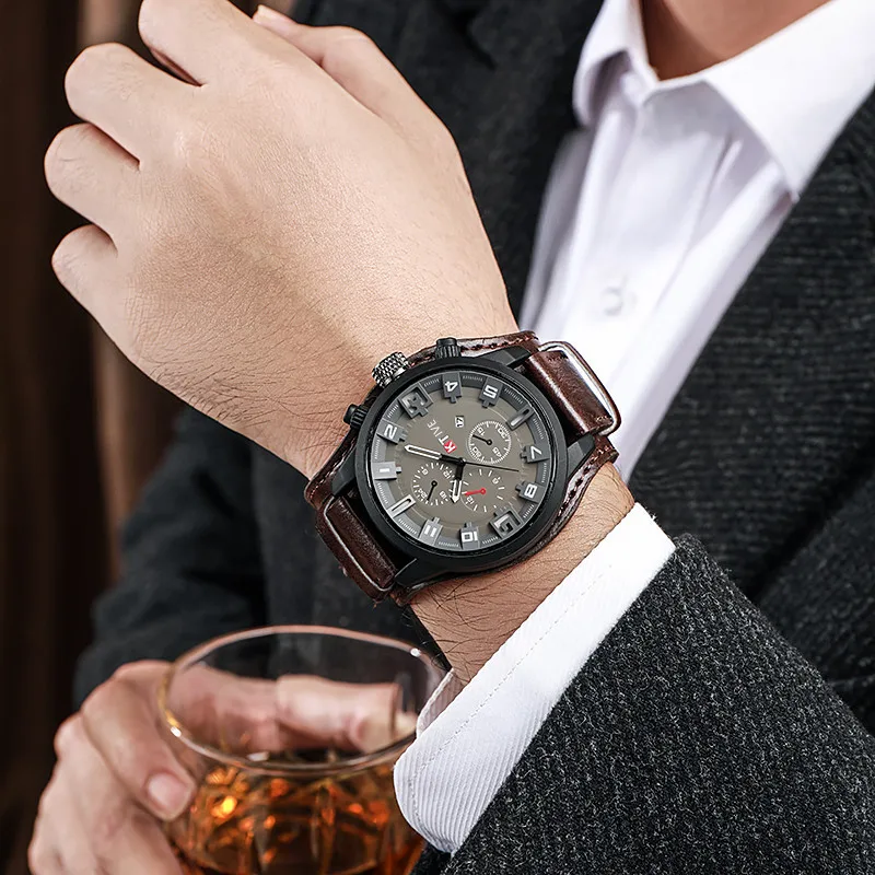 YIKAZE-Relógio De Quartzo Retro De Luxo Masculino Com Pulseira De Couro, Relógio De Pulso Militar, Relógios Clássicos De Negócios, Big Dial, Data, Moda