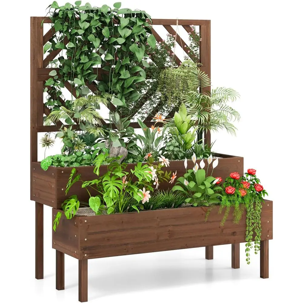 2-Tier Wooden Planter Box with Trellis, 43 x 24.5 x 53, Elevated Garden for Herbs, Fruits, and Vegetables (Brown)