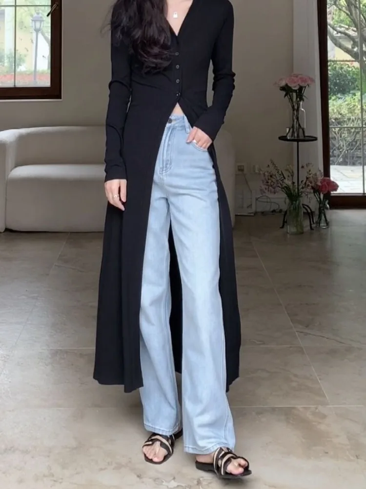 Lazy Fashion V-neck Black Cardigan Mujer Y2k E-Girl Long Sleeve Sun Protection Coat Women 2024 Mid-length All-match Tops Dress