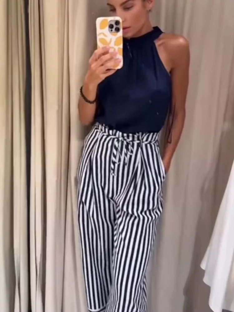 

HH Women's Summer New O-Neck Belt Decoration Sleeveless Striped Jumpsuit Female Pockets Back Hollow Zipper Wide Leg Jumpsuit