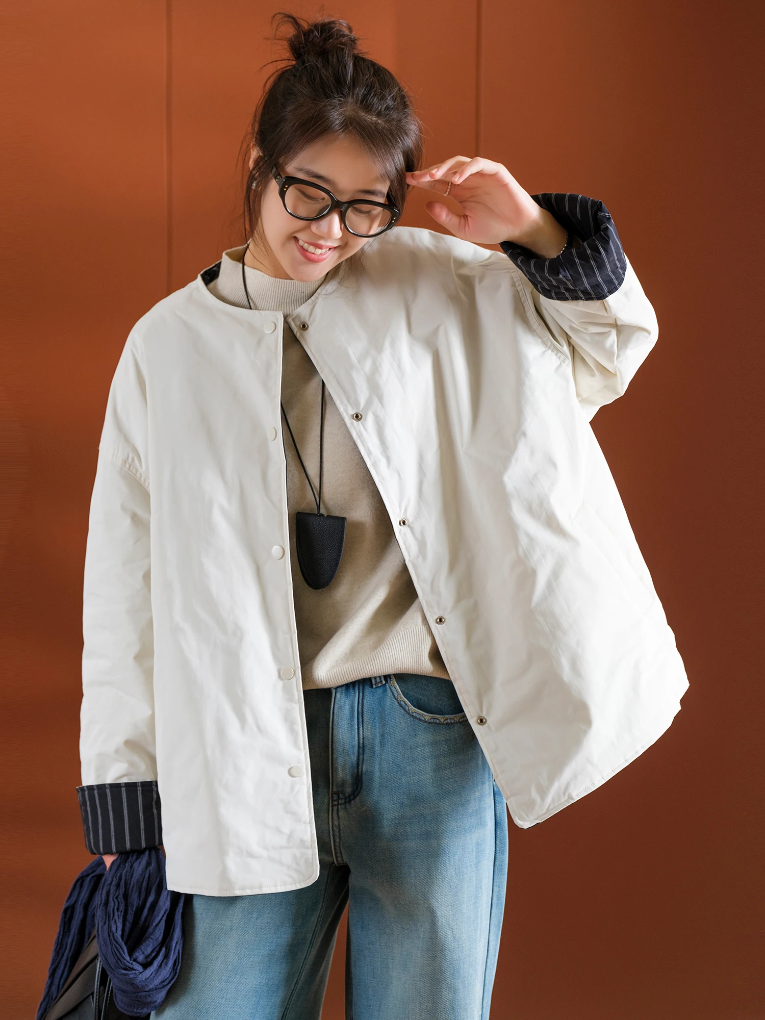 

Свободный крой, цветное тканое полосатое пальто с круглым вырезом, 100% хлопок, двустороннее, простое, в японском стиле, с длинными рукавами