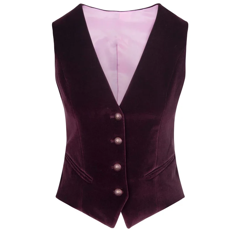 Women\'s Tailored Vest Fuchsia Velvet V Neck Elegant OL Waistcoat Single Breasted 4 Button Formal Business Vest Aesthetic Vests