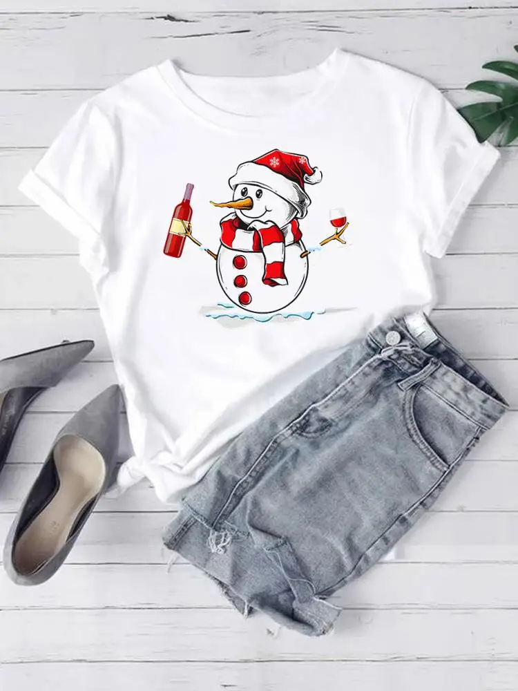 

Новогодняя одежда, футболка, Рождественская женская мода, леди, снеговик, забавные трендовые футболки с принтом и коротким рукавом, Графический Топ