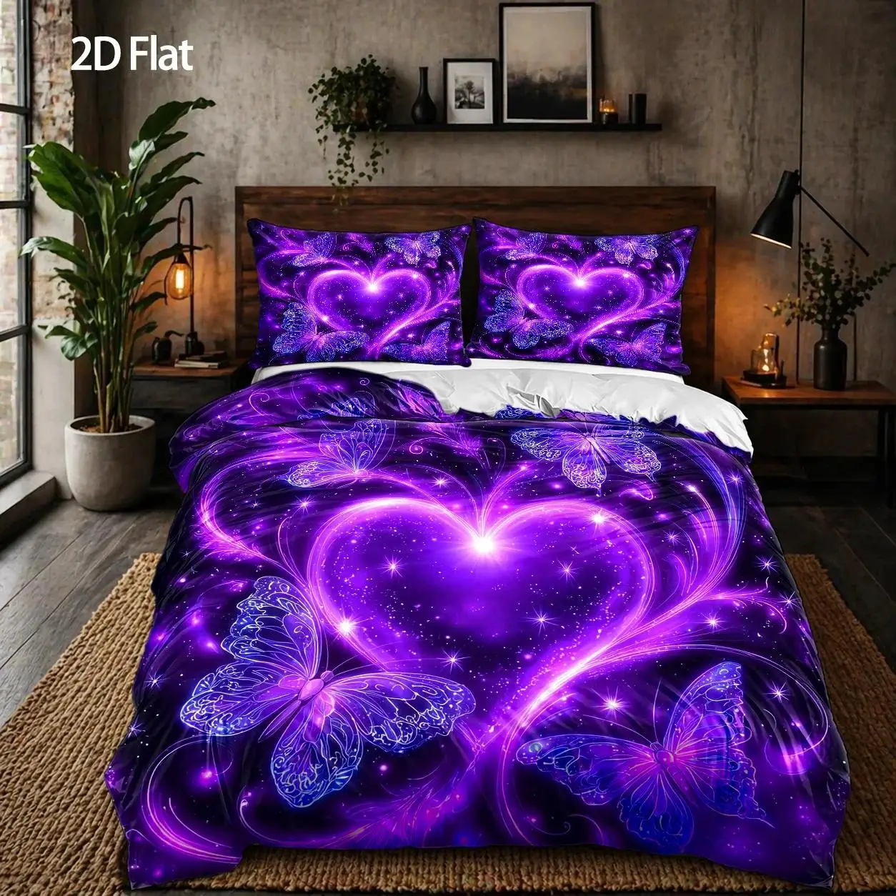 3-Piece Quilt Cover Set, 1 Quilt Cover + 2 Pillowcases (Without Filling) 2D Flat Printing, Purple Butterfly and Heart-Shaped Theme, Dreamy Abstract Style, Chinese Valentine's Day, Romantic Home Decor, Three-Piece Quilt Cover Set, Suitable for All Seasons, Machine Washable, Invisible Zipper, Suitable for Home, Dormitory, Master Bedroom, Guest Room