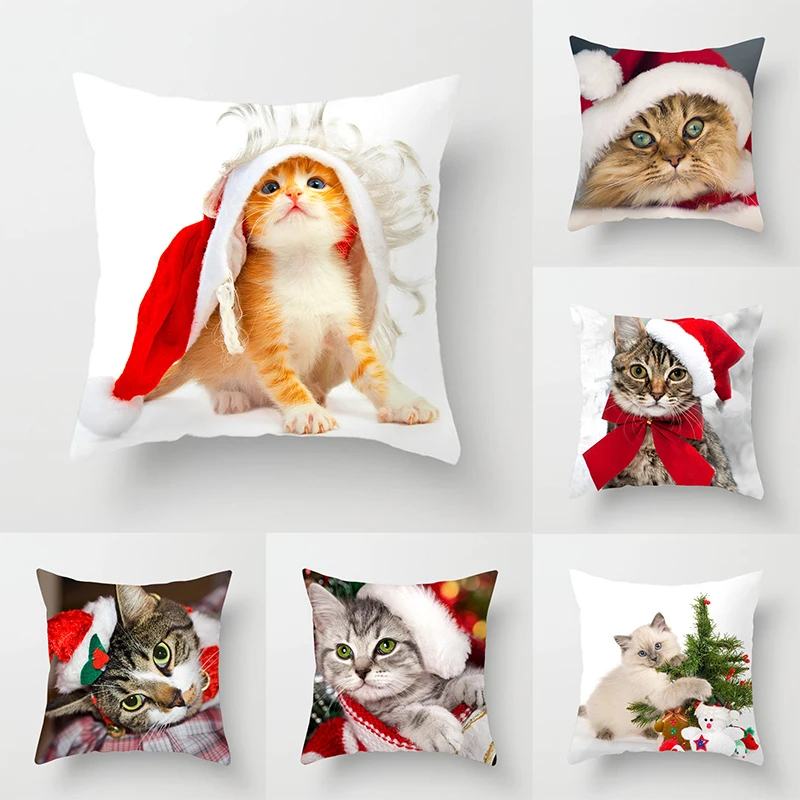 Christmas Cute Santa Hat Pillowcase Cat Dog Pattern Sofa Cushion Suite Room Bedside Home Decor