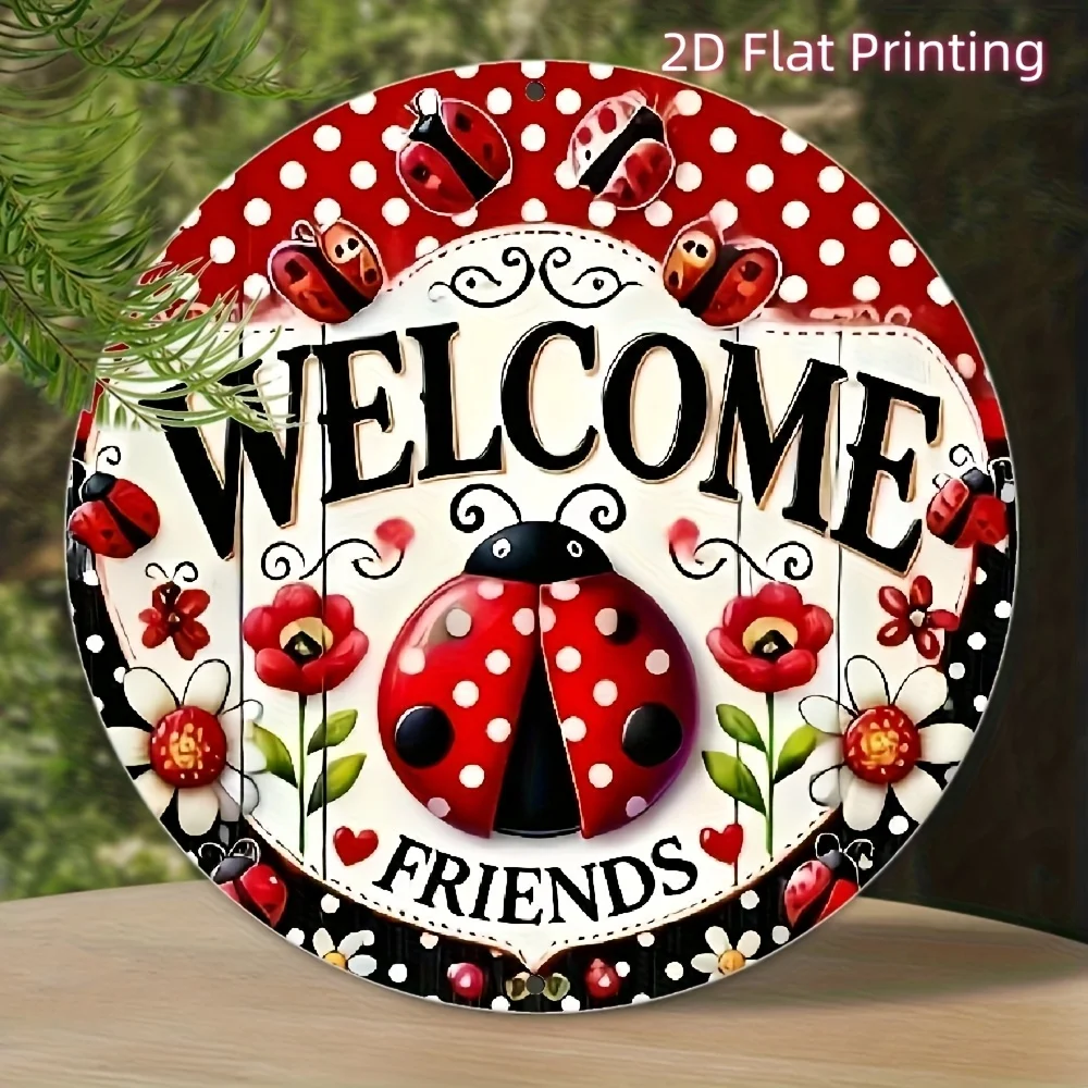 2D Flat 1pc, Vintage 8x8 Inch Charming Ladybug Welcome Sign Metal Tin Wall Art With Vibrant Floral & Ladybug Design, Perfect For