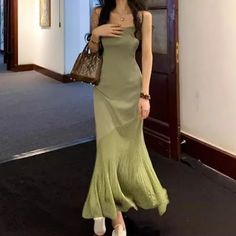 Chic Green Knitted Patchwork Pleated Midi Dress for Women Holiday Sleeveless O-neck Party Long Dress Evening A-line Vestidos