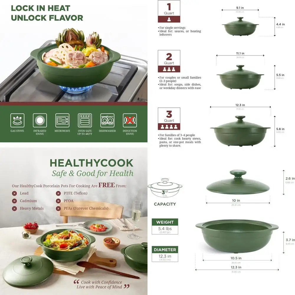 

3-Quart Porcelain Dutch Oven with Lid - Lead and Cadmium Free, Safe for Oven Up to 482°F, Ideal for Gas and Infrared Cooking, Gr