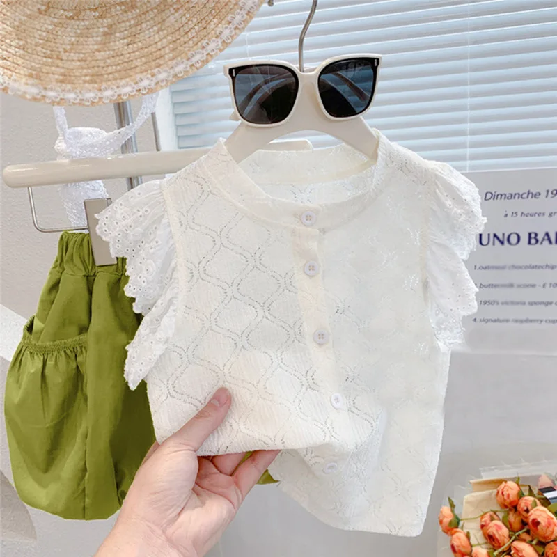 2024New Children's Clothing Girls' Suit Summer Sleeveless Lace Shirt Elastic Waist Shorts Two-Piece Suit Fashion Hair Generation