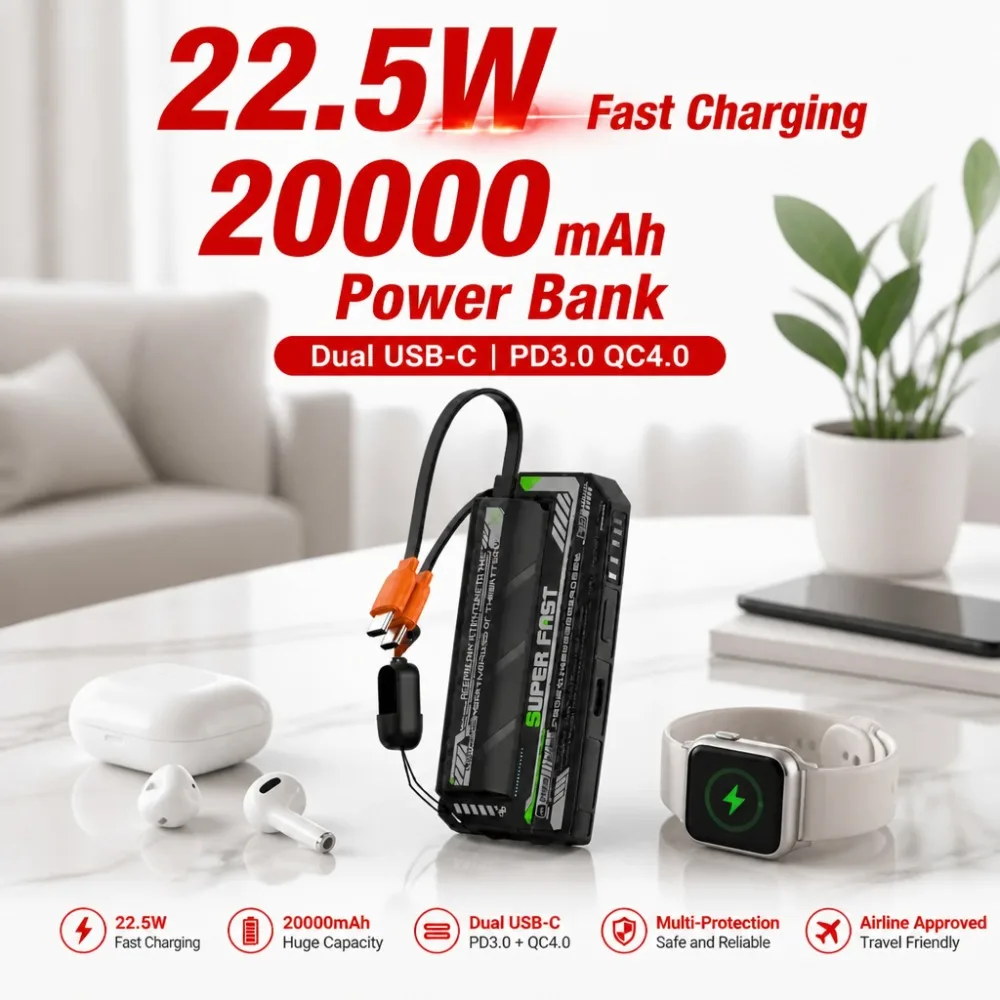 22.5W 20000mAh Power Bank Dual USB-C PD3.0 QC4.0 Fast Charger for iPhone 16/15 Pro Max Samsung S24/S23 Ultra Note20 Pixel iPad - view 2