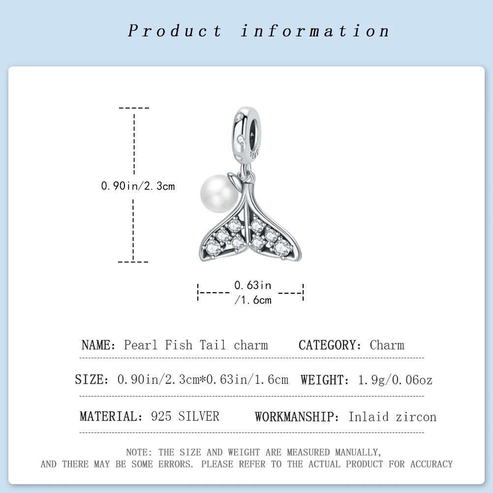 PANQDIY 925er Sterlingsilber, Ozean-Serie, Zubehör, Perle, Fischschwanz-Anhänger, geeignet für Damen-Armbänder und Armreifen, DIY edler Schmuck