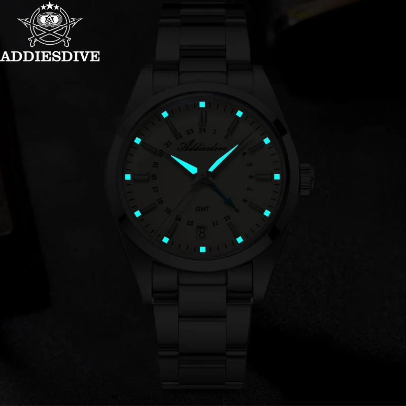 ADDIESDIVE 36mm AD2065 GMT Men\'s Watch Bubble Mirror Glass AR Coating Quartz Watches Stainless Steel 10Bar Waterproof Wristwatch