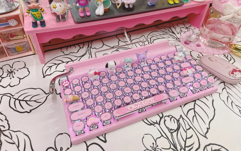 Cartoon Kitty Cat Rabbit pink Bluetooth typewriter keyboard Retro dot 83 key white backlight Wireless wired Mechanical keyboard