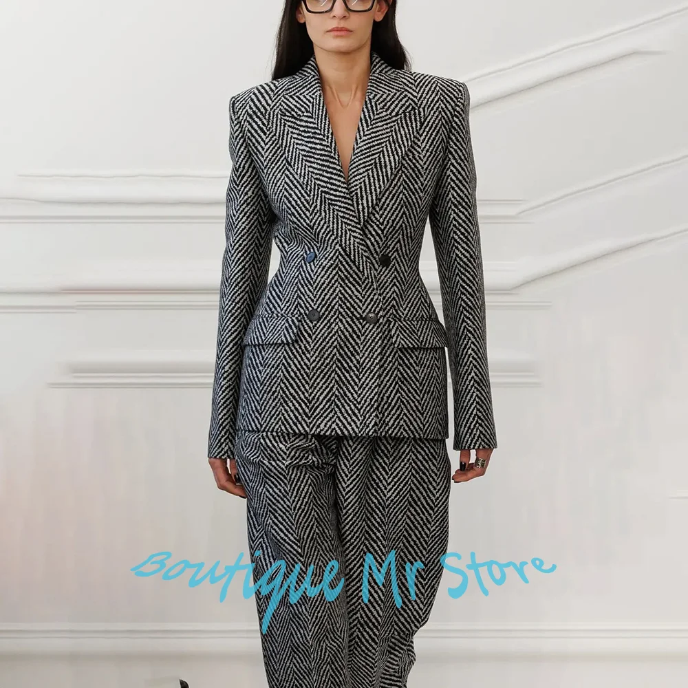 

Women's Black & White Herringbone Clothes Double-breasted Two Piece(Jacket+Pants) Suit Set Luxe Fashion Casual Office Outerwears