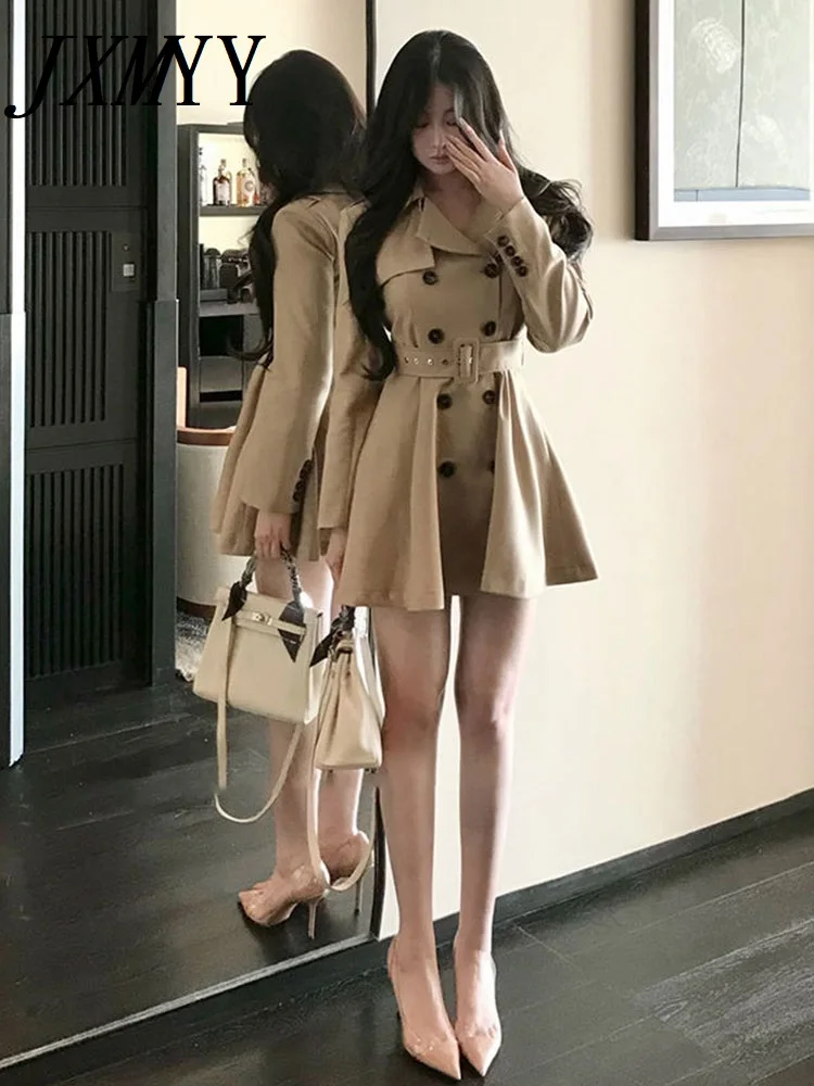 Women's Khaki Dress Jacket and Belt Windbreaker, Elegant Temperament Waist Slimming Coat Clothing, Autumn and Winter Fashion New