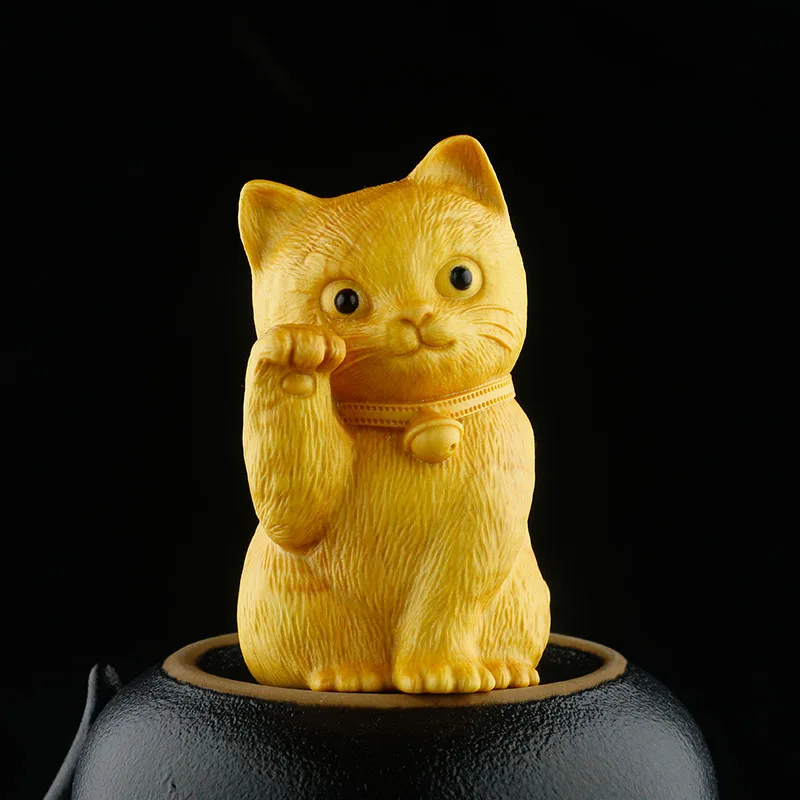 

XS638- 6.8 CM Lucky Cat Figurine Boxwood Sculpture Animal Decoration Craft Gift Miniatur Ornaments