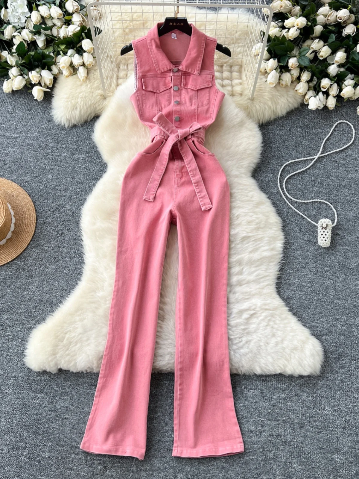 

Hong Kong Sle Retro Chic Design Sense Belted Slim Fit Collar Metal Bule Denim Overalls High Waist Straight Leg Long Pants