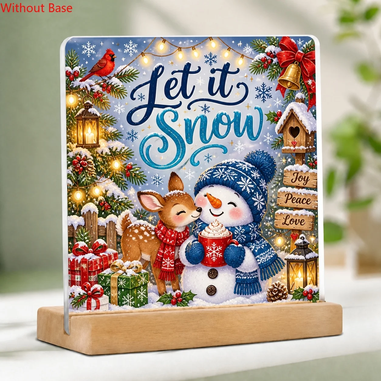 CIFBUY Acrylic Sign 2D Flat Snowman Deer Cardinal Snow Scene Let it Snow Quote Wooden Base Desktop Plaque Home Decor Gift for Fa