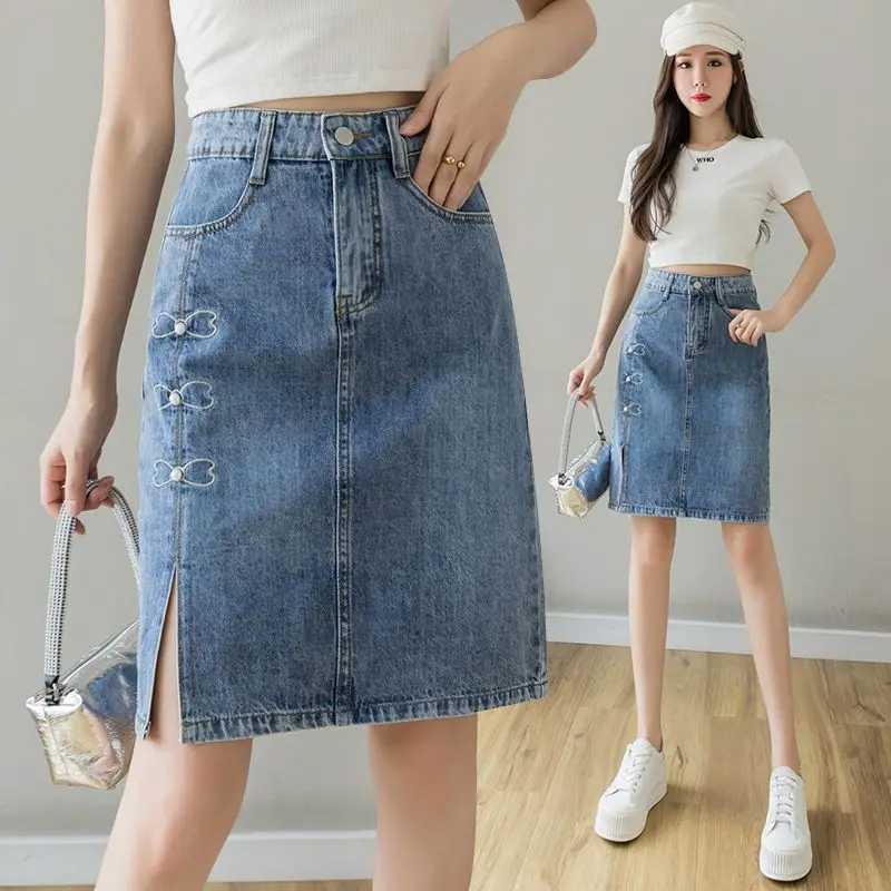 Slimming Thin Lightweight Denim Skirt Women Summer 2026 High Waist Beaded Slit A Line Bodycon Half Length Midi
