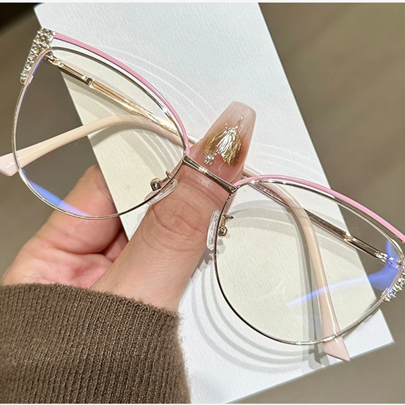 Rhinestone Studded Anti-blue Light Glasses Transparent Metal Frame Square Frame Myopia Glasses Anti Radiation Eye Protective