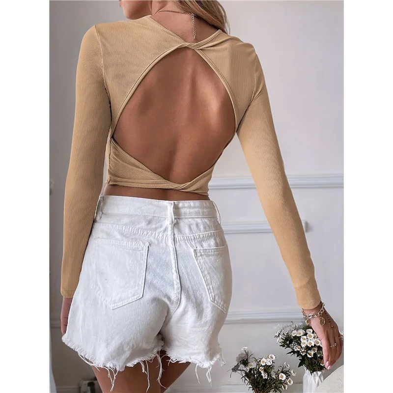 

AOAO-Women's Backless Long Sleeve Ribbed Knit Crop Top Slim Fit Crew Neck Twist Back Cut Out Fitted Shirt