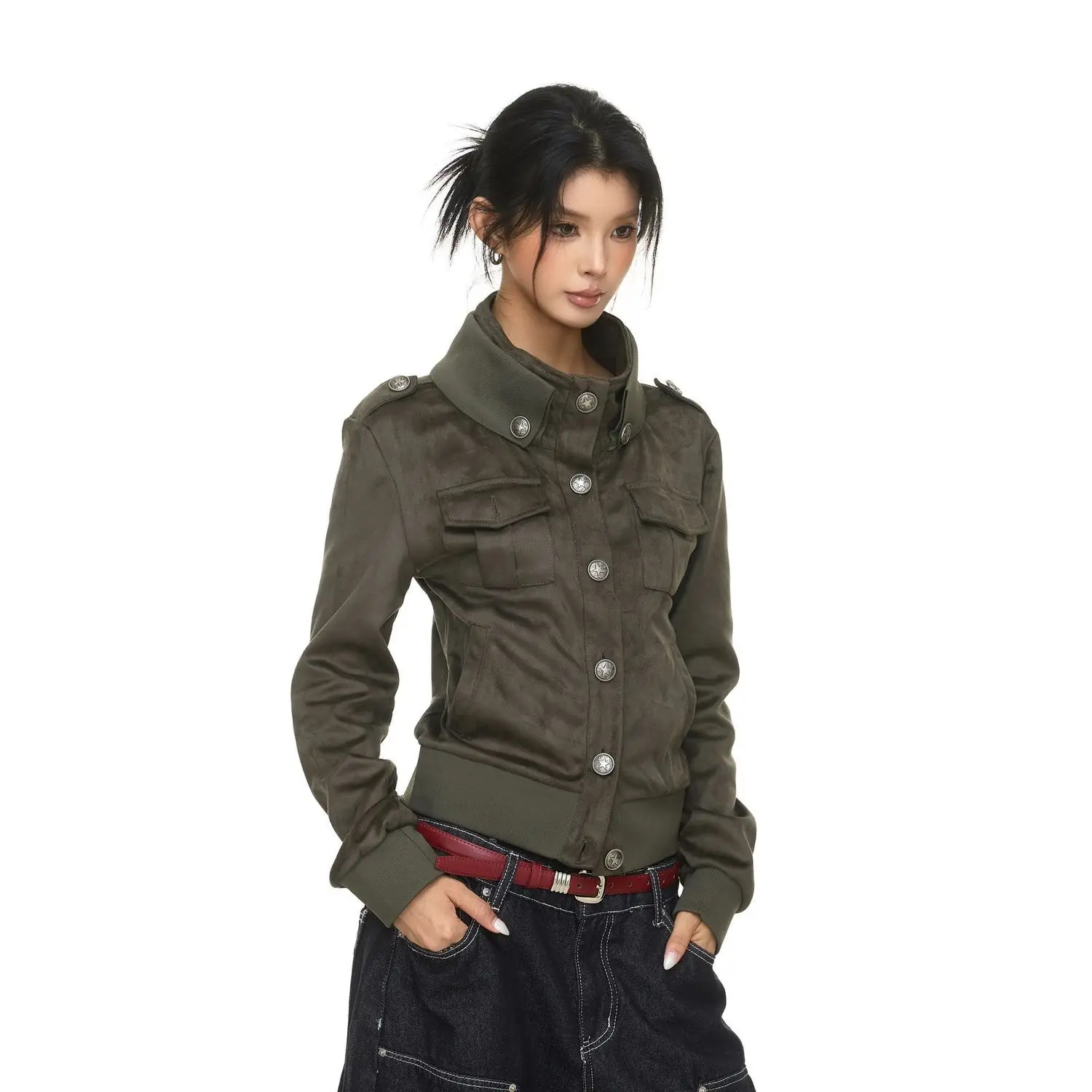 American Stand-up Collar Suede Tooling Jacket Women's 2026 Autumn Retro Epaulettes Waist Short Jacket Casual Top