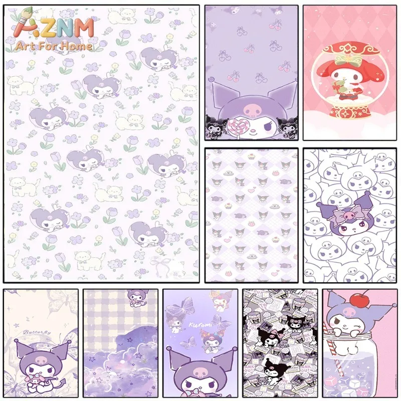 Kuromi My Melody Canvas Poster Cute Sanrio Cartoon Print Unframed Canvas Art Purple Floral Butterfly Plaid Sweet Kawaii Aestheti