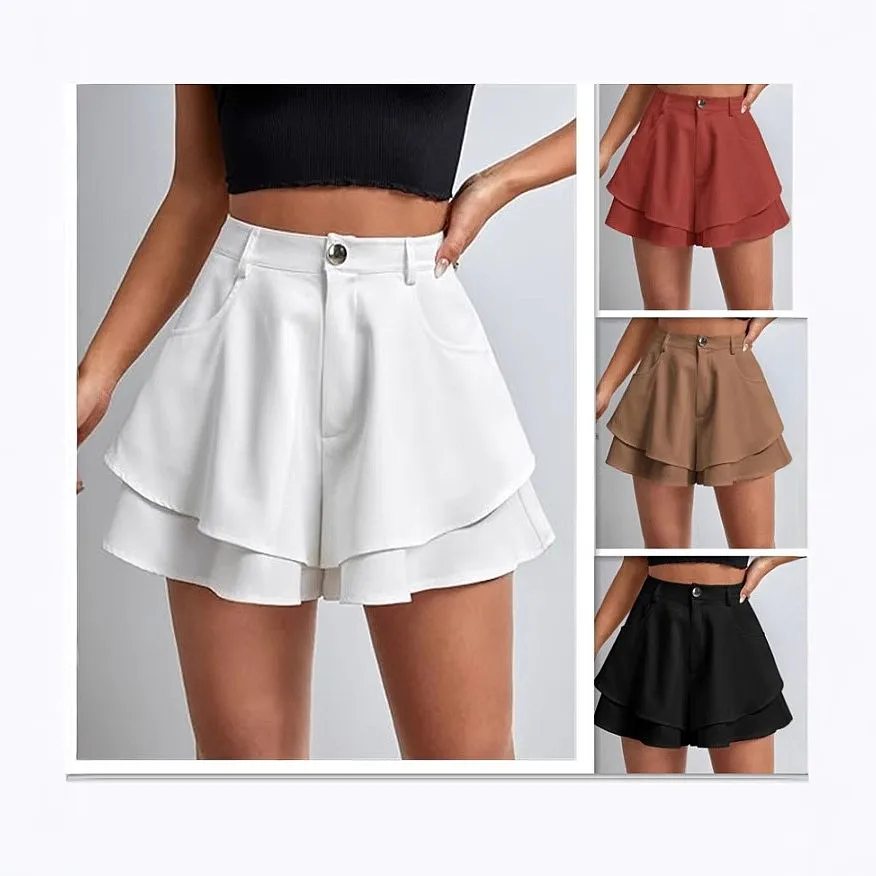 2025 Summer Women High Waist Double Layer Loose Flared Plain Shorts Casual Fashion Shorts