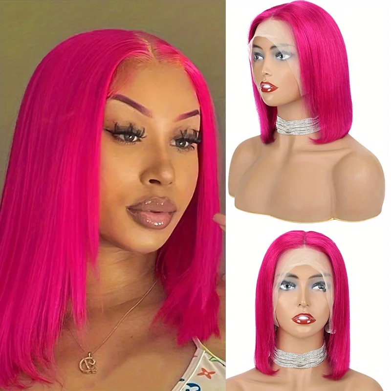 10inch hot pink color 150% density wig 13x4 forntal lace remy hair for women daily party use short straight bob human hair wig