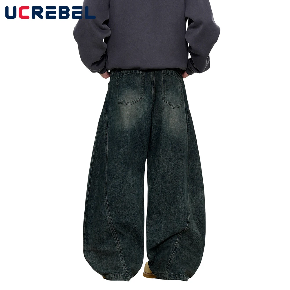 Spliced Scimitar Jeans Mens Washed Distressed Retro High Street Loose Wide Leg Denim Pants Men