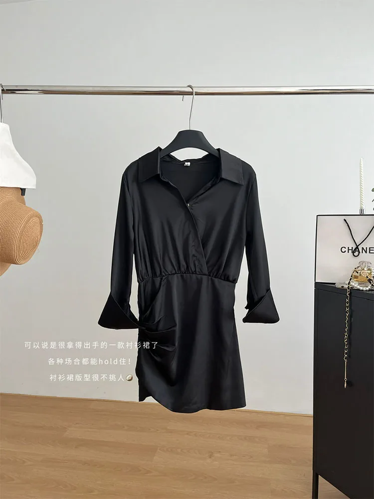 French Style Black Shirt Dress Women New Luxury With Belt Design Sweet Sexy  A-line Dress Autumn 2024 Polo Slim One-Piece Frocks