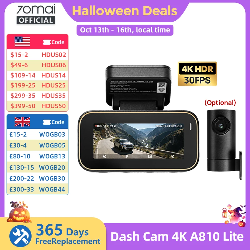 70mai Dash Cam A810 Lite 4K HDR + 1080P, GPS, Wi-Fi product photo