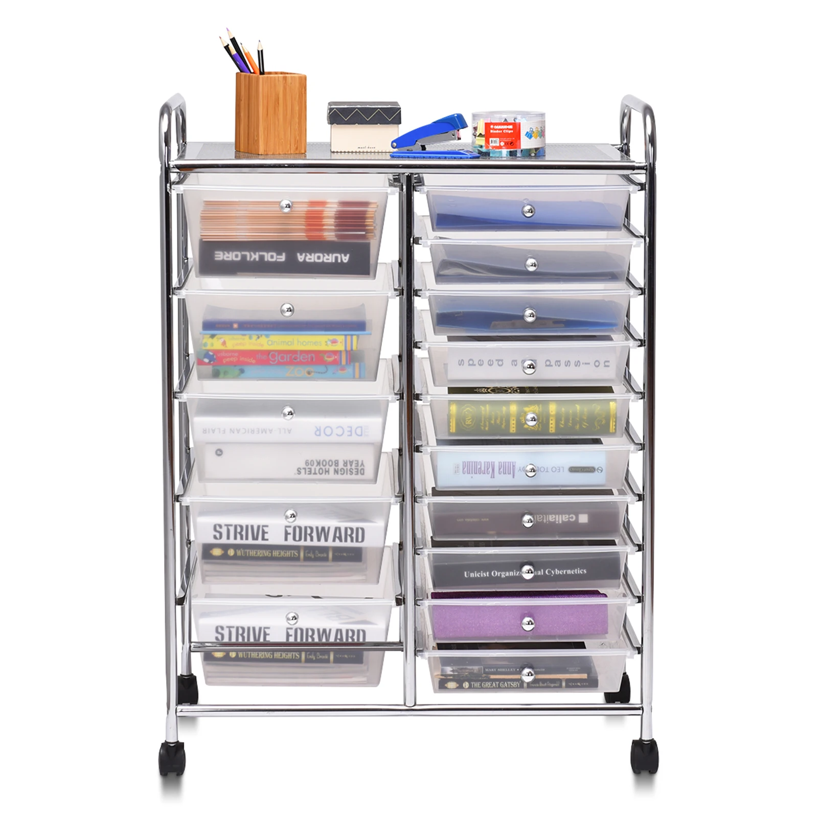 Trolley with 15 stackable drawers, drawer trolley roll container with metal rack and storage space, bathroom trolley