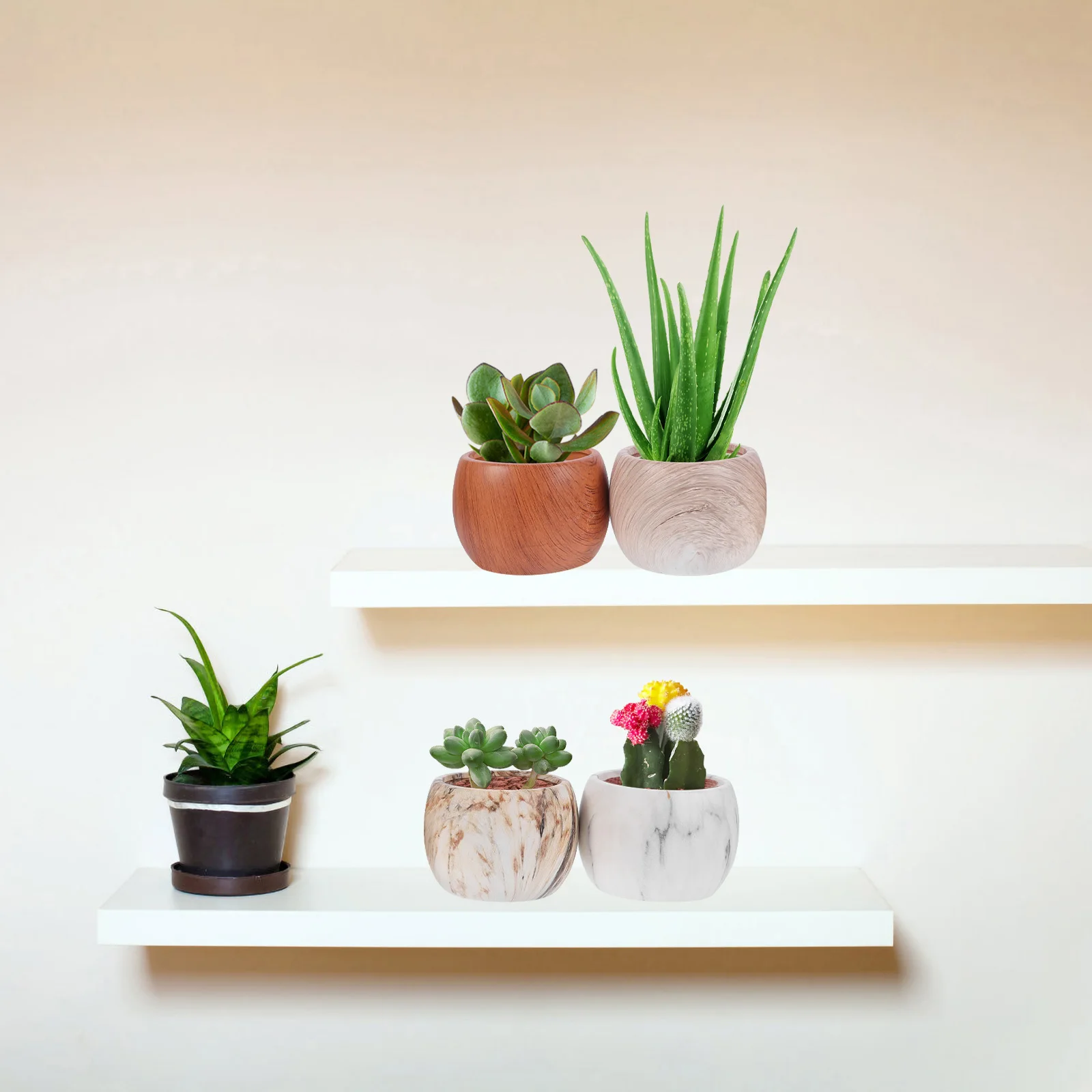 

4Pcs Adorable Succulent Flowerpot Set High-Quality Ceramic Wood-Grain Finish for Balcony Garden Indoor Plant Display