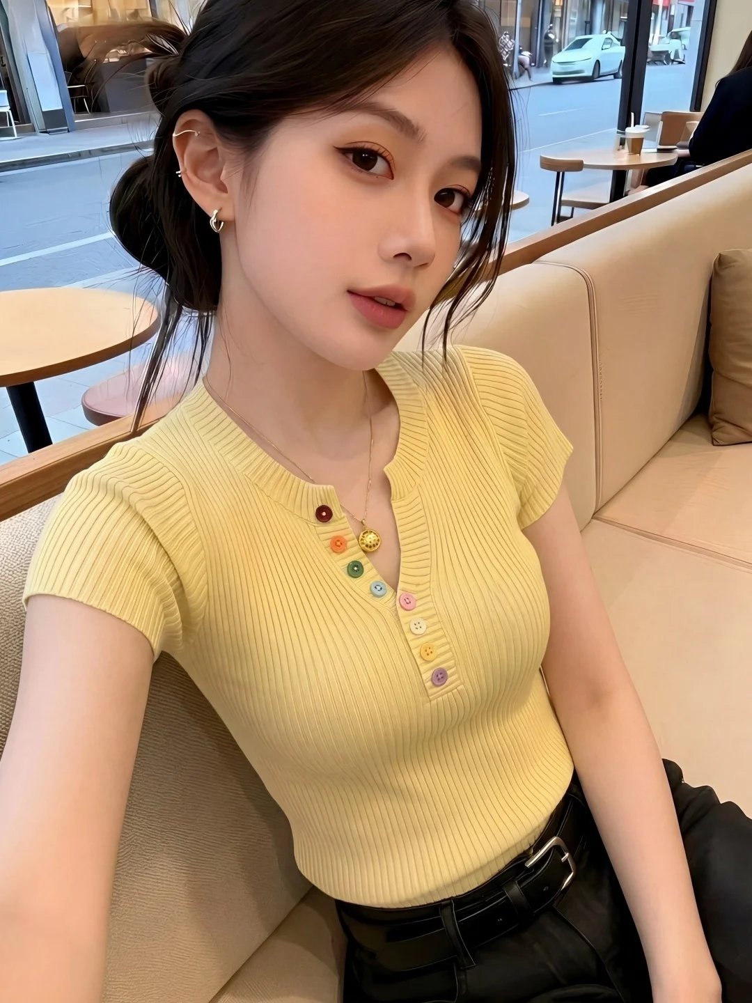 

Dopamine Korean Style V-Neck Knitted Short Sleeve T-Shirt Women's Summer Slimming Unique Beautiful Early Summer Top