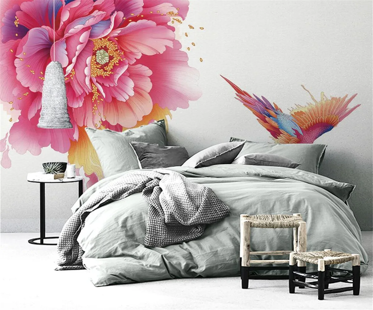 

Custom flower and bird wallpaper pink peony flowers and birds living room bedroom sofa background wall hotel decorative mural