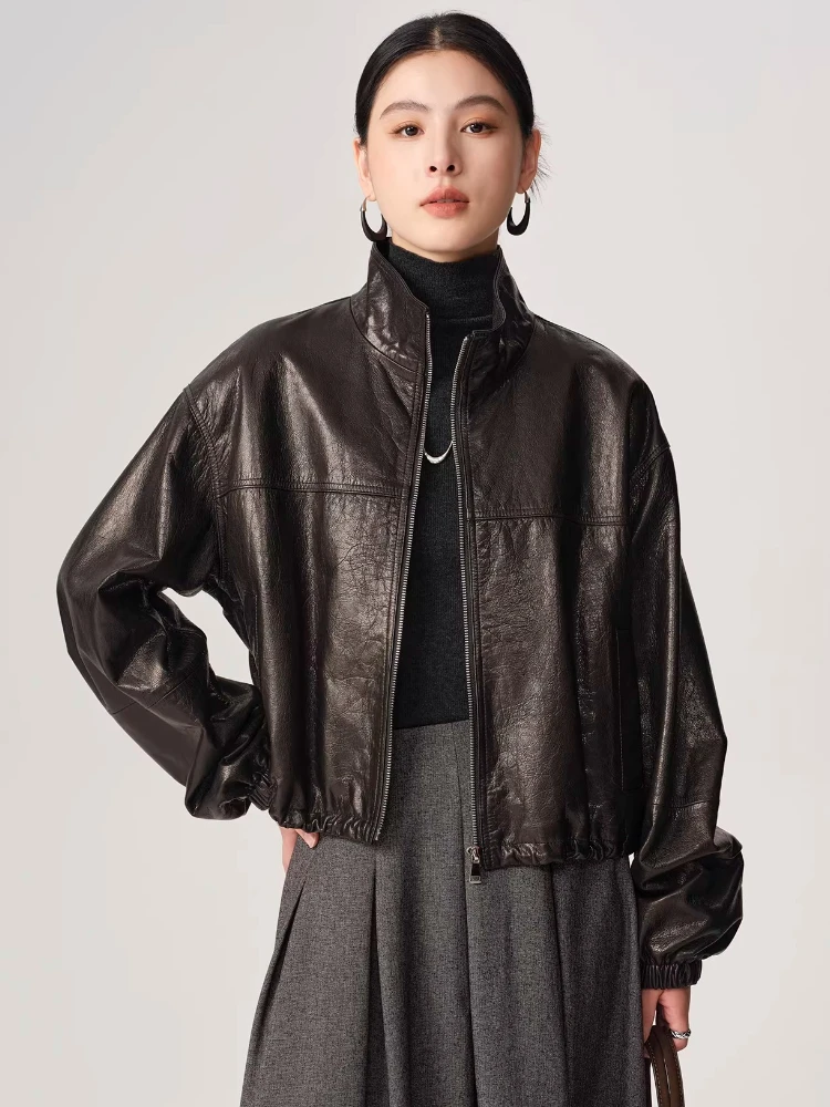 

Casual Cropped Genuine Leather Jackets Women Spring Autumn High-end Simple Stand Collar Loose Oil Wax Real Goatskin Leather Coat