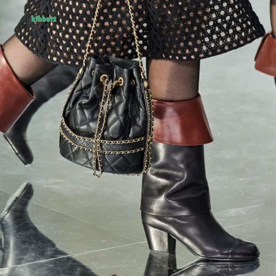

Round Toe Color Block Leather High Heel Boots Thick Heel Zipper Mid Calf Boots Party Boots for Women2024 New Zapatos Para Mujere