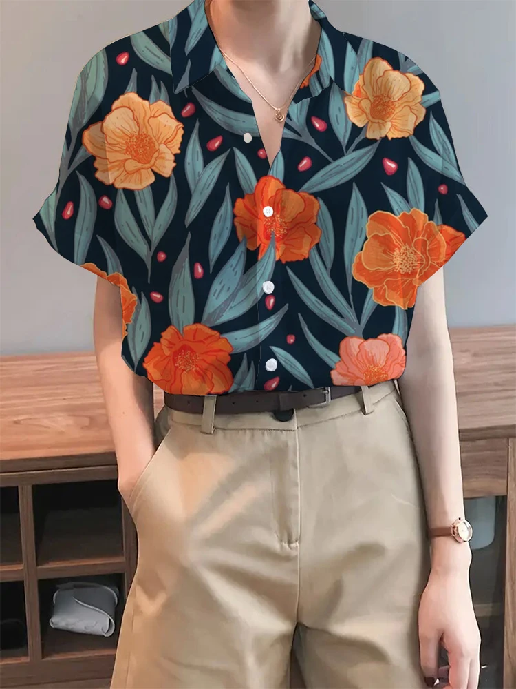 Women's Button Down Shirt Tropical Element Print Elegant Lapel Short Sleeve Shirt Breathable And Comfortable Suitable For