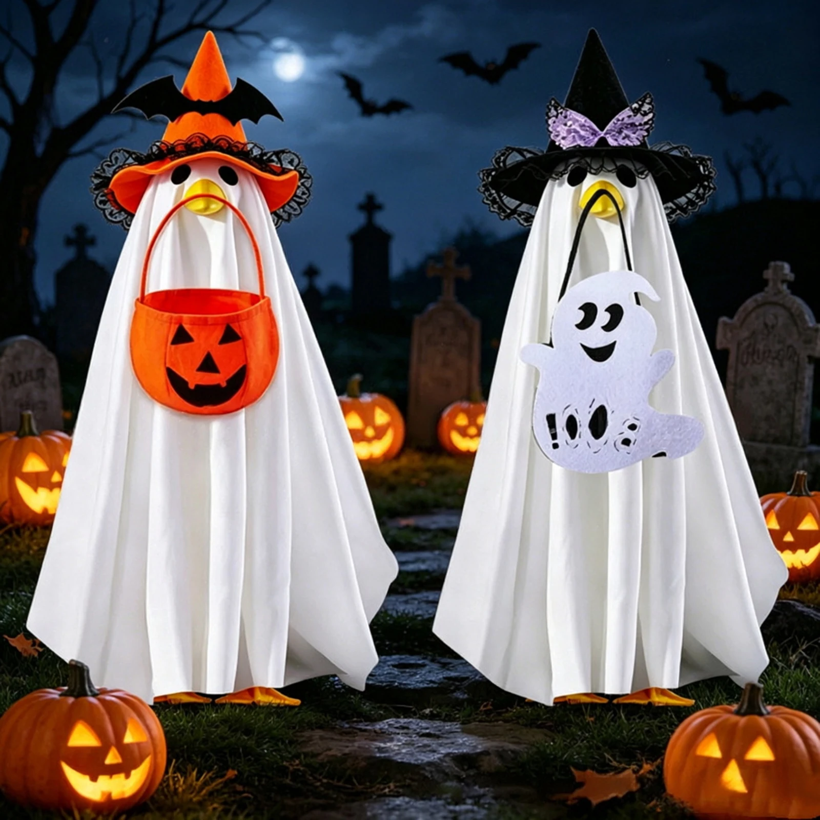 Halloween Ghost Goose Costume Set With Witch Hat Pumpkin Candy Bag Spooky Outdoor Yard Lawn Decoration Prop