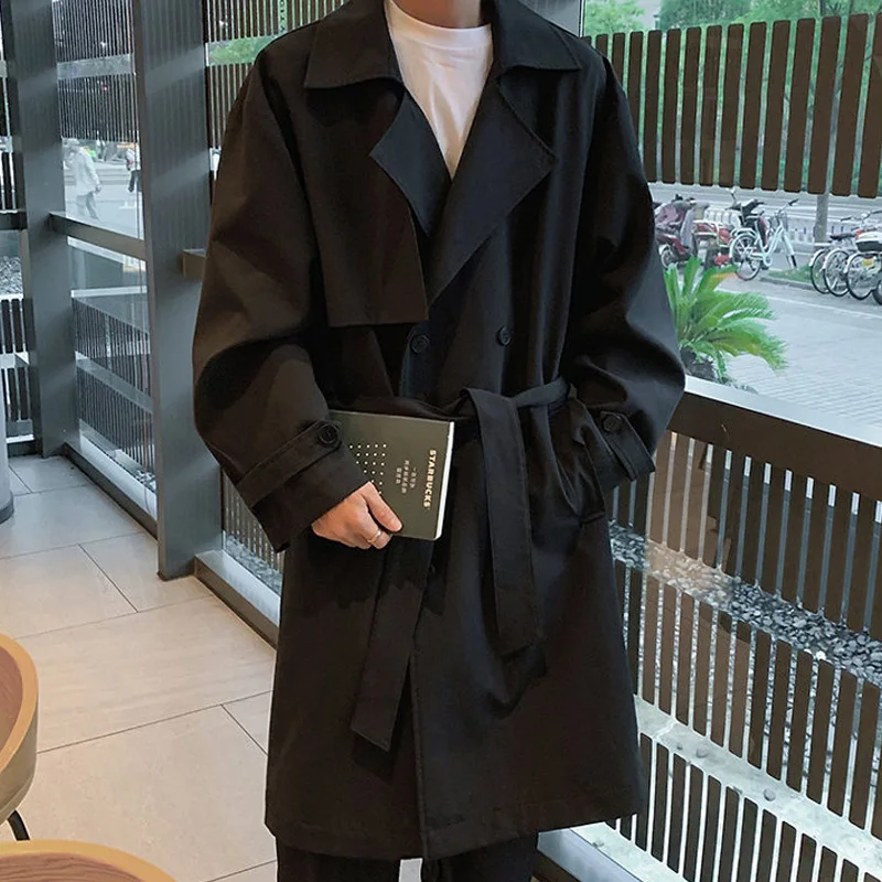 

Korean Style Handsome Trench Coat Male Streetwear Windbreaker Trenchcoat Men Solid Casual Loose Long Overcoat