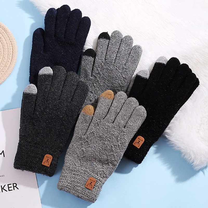 

Men's Wool Knitted Warm Gloves Winter Outdoor Riding Touch Screen Full Finger Nonslip Stretch Thicken Driving Mittens S195