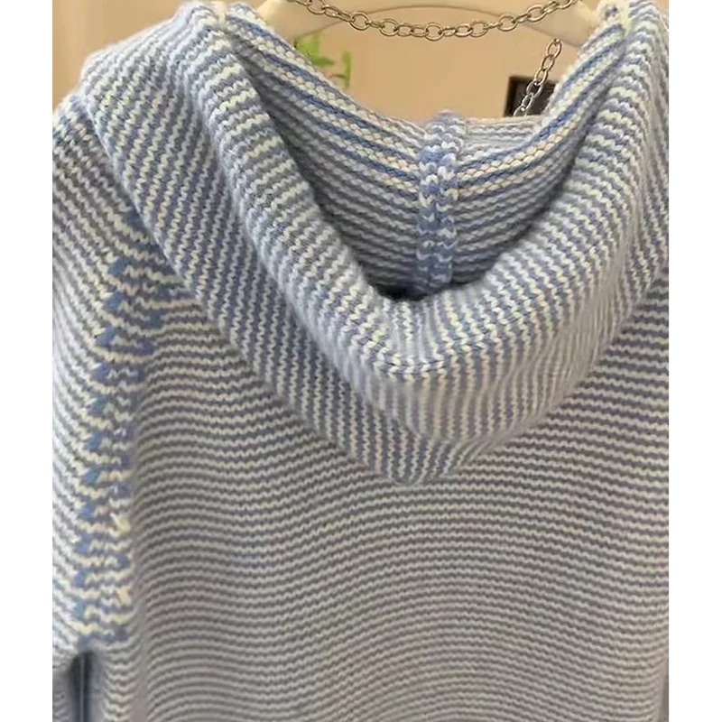 Cozy Blue Striped Women Hooded Cardigan Zip Up Oversized Knit Sweater Fall Winter Preppy Y2K Casual Long Sleeve Jacket Top