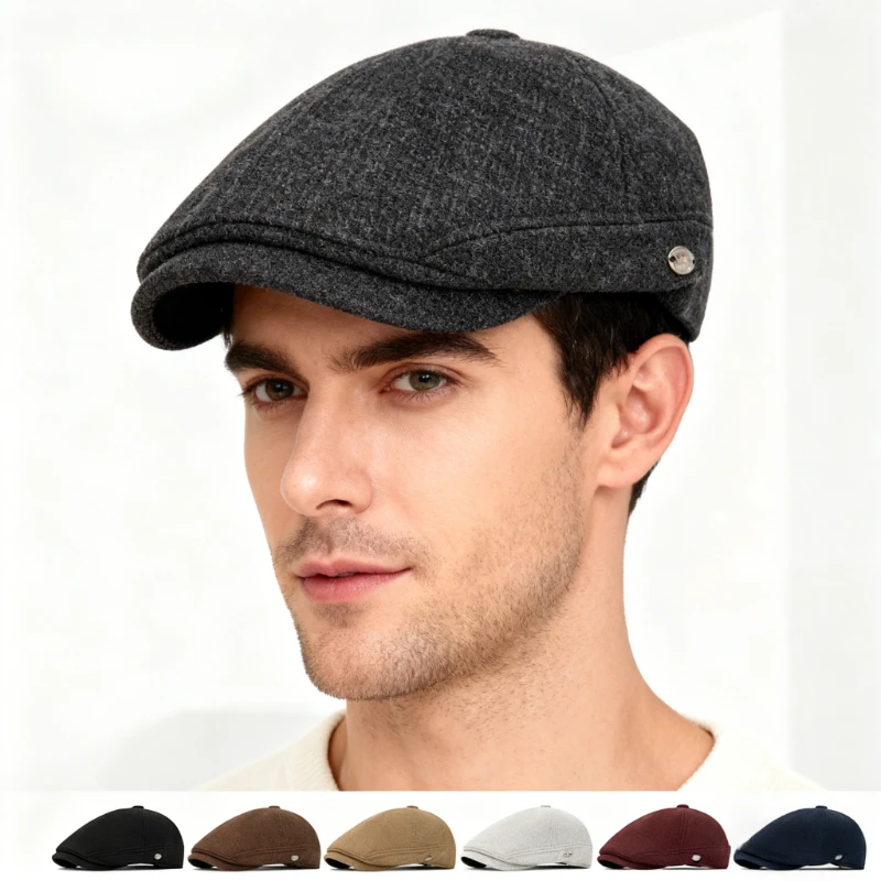 الرجال الخريف الشتاء الصوف مزيج قبعة بيريه بلون شعار صغير دافئ كلاسيكي النمط الفرنسي الرسام قبعة قابل للتعديل 57-61 سنتيمتر