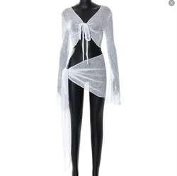 2023 Beach Knit Sexy Bandage Skirt Sets Women y2k Clothes See Through Long Sleeve Crop Top Bodycon Mini Skirts Summer
