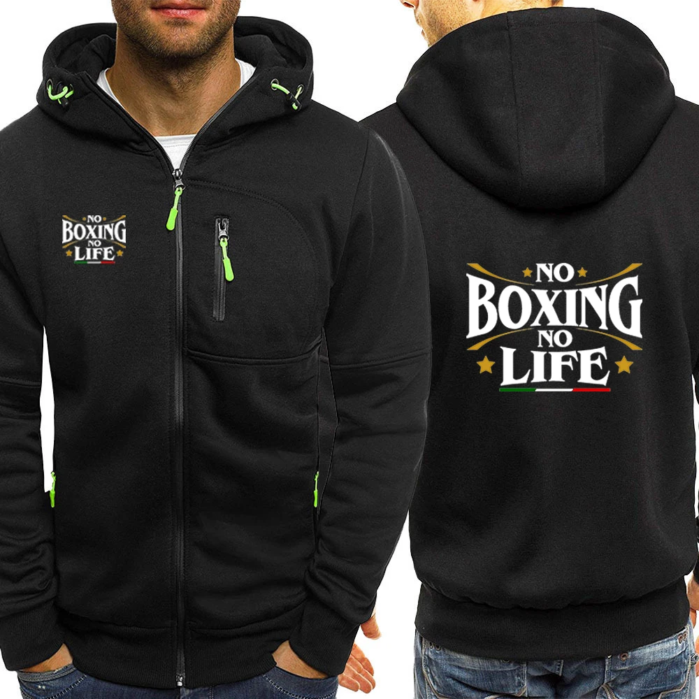 Cardigã Masculino de Moda com Estampa de Logo 'No Boxing No Life' para Primavera e Outono 2025, Manga Longa, Confortável, Jaqueta com Capuz e Cordão