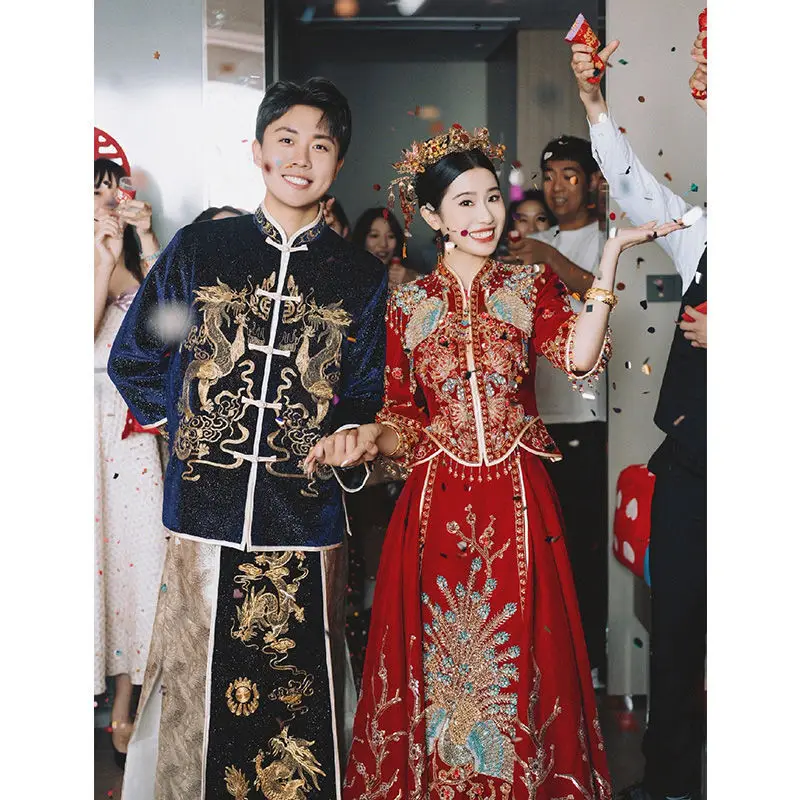 Xiuhe Dress Bride 2024 New Wedding Chinese Wedding Dress High end Pavilion Dress Dragon Phoenix Coat Wedding Dress Velvet Show